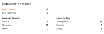 Summary of the document issues: total, grouped by severity and by tag