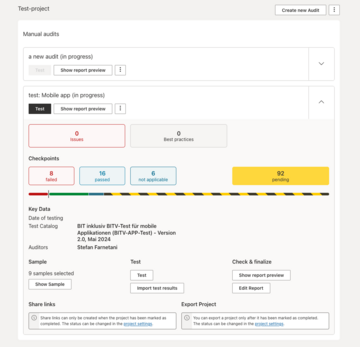 Neue Projektansicht. Mehrere Audits können angezeigt werden. Die wichtigsten Informationen zu jedem Audit sind grafisch deutlich dargestellt.