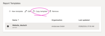 Atop the list of report template the new action copy template is shown next to new template, edit and remove.