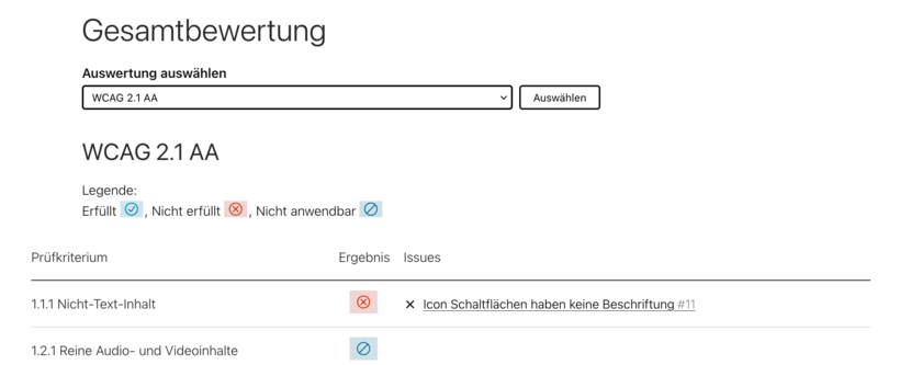 Screenshot of the overall evaluation display, including a dropdown with the label “Select evaluation”.