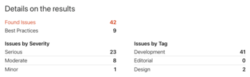 Screenshot of the statistics in the report. It shows the number of issues and best practices. After that the number of issues by severity and the number of issues grouped by tags.