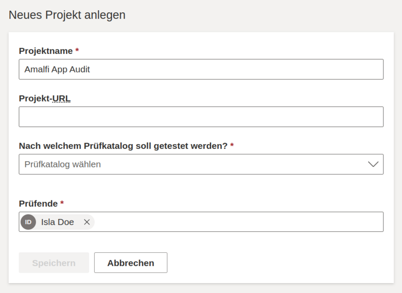 Screenshot der Eingabemaske "Neues Projekt anlegen"