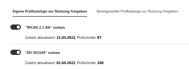 Screenshot einer Liste mit Prüfkatalogen und einem Umschalt-Knopf zum Aktivieren des Katalogs