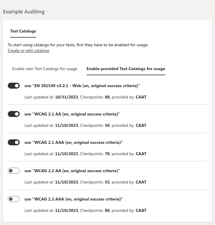 Screenshot of the catalog managements shows a list of test catalogs with individual switch buttons. Some are deactivated. Each row shows the modification date and the number of checkpoints.