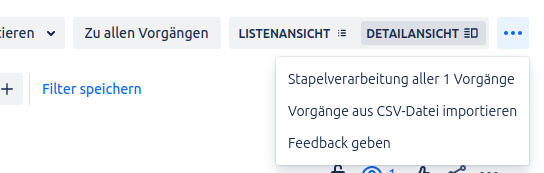 Der farblich hervorgehobene Schalter mit den drei Punkten und das geöffnete Menü. Außer dem CSV-Import sind auch Stapelverarbeitung und eine Feedbackfunktion verlinkt.