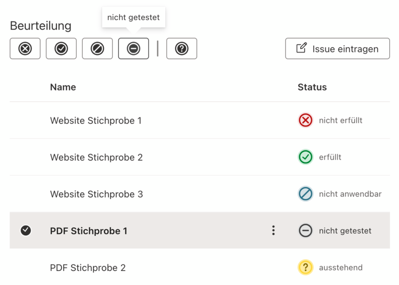 Screenshot der Bewertungsmaske mit den neuen Icons und den neuen Status "Nicht bewertet"