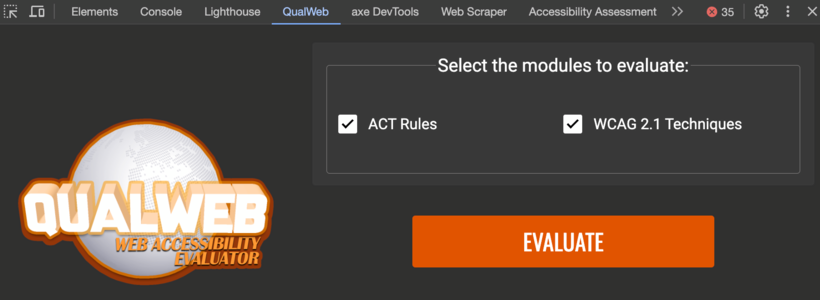 qualweb Auswahl der Evalutationsmodule: ACT Regeln und WCAG 2.1 Techniken