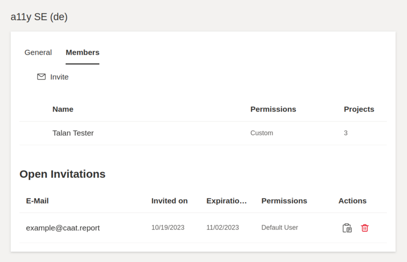 Screenshot of the member management with a list of members and a list of open invitations. The list of invitations contains the email address, the date of the invitation, the expiration date, the permissions and buttons with the actions copy and delete.