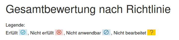 Die Legende zeigt die Status Erfüllt, Nicht erfüllt, Nicht anwendbar und Nicht bearbeitet mit ihrem jeweiligen Symbol