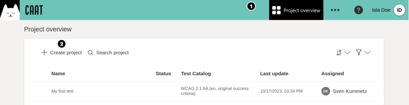 Screenshot of the CAAT project overview, highlighting the button to create a project on top of the project list.