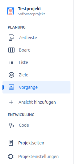 Die senkrechte Seitenleiste der Jira-Projektansicht am linken Bildschirmrand. Der Menüpunkt Vorgänge erscheint neben anderen Teilbereichen wie Zeitleiste, Board, Ziele etc. und ist farbig hervorgehoben.