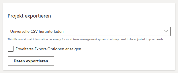 Screenshot: Unter der Überschrift "Projekt exportieren" ist ein Ausklappliste und ein Button zum Exportieren zu sehen.