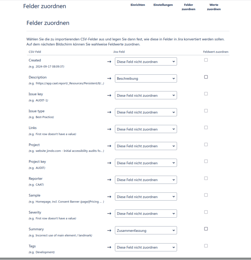 Die im Text beschriebene Ansicht zur Zuordnung der Felder, mit einer langen Liste von CSV-Feldern. In den Ausklapplisten ist "Dieses Feld nicht zuordnen" ausgewählt, nur für "Description" und "Summary" wurden die zutreffenden Jira-Felder ausgewählt.