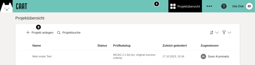 Screenshot der CAAT Projektübersicht, in der ein Button zum Anlegen neuer Projekte oberhalb der Projektliste markiert ist.