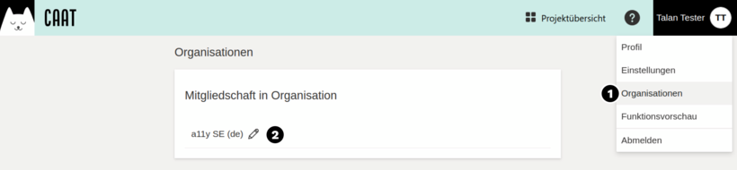 Screenshot des Kopfbereichs von CAAT mit dem "Profil"-Button und dem Untermenü. Der Menüpunkt "Organisationen" ist markiert.