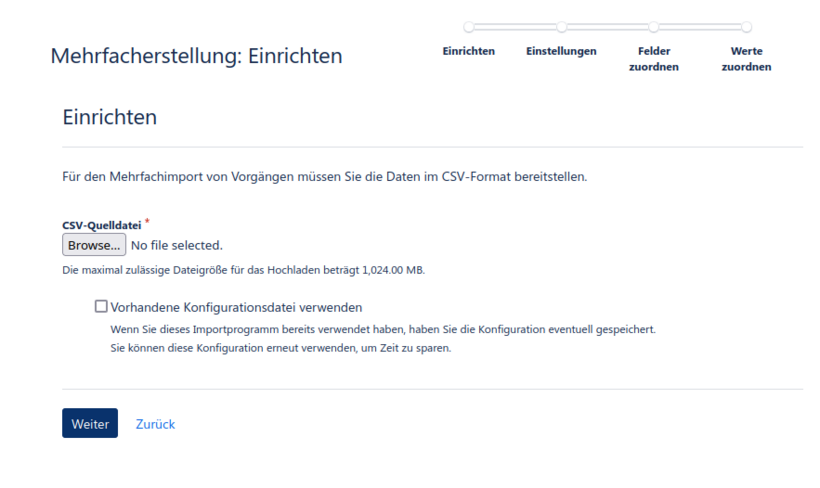 Die im Text beschriebene Bildschirmansicht mit einem Eingabefeld für die Datei-Auswahl und einer nicht aktivierten Checkbox für "Vorhandene Konfigurationsdatei verwenden".