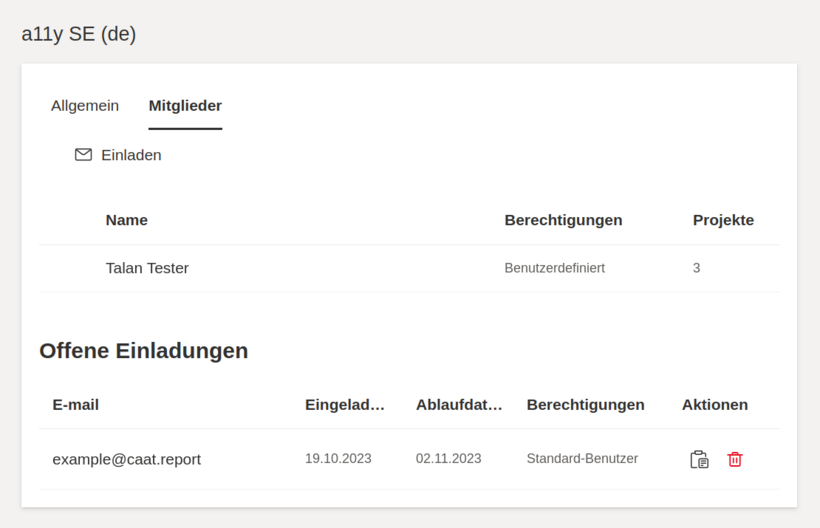 Screenshot der Mitgliederverwaltung mit einer Liste der Mitglieder und einer Liste der offenen Einladungen. In der Liste der Einladungen stehen die E-Mail-Adresse, das Datum der Einladung, das Ablaufdatum, die Berechtigungen sowie Buttons mit den Aktionen kopieren und löschen.