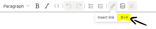Screenshot des Tooltips "Link einfügen". Zusätzlich ist die Apple Befehl-Taste+K angemerkt.