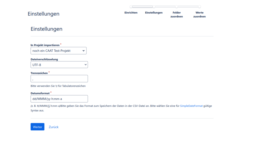 Ein Formular mit den im Text beschriebenen Feldern in horizontaler Anordnung und darunter den Schaltern "Weiter" und "Zurück".